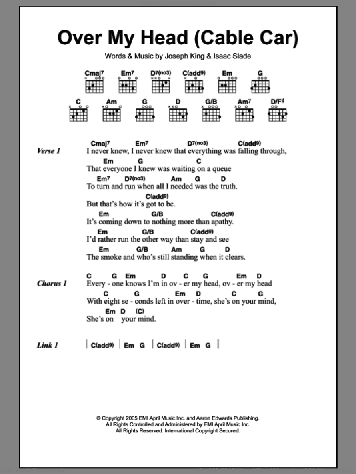Over My Head (Cable Car) sheet music for guitar (chords) by The Fray, Isaac Slade and Joseph King, intermediate skill level