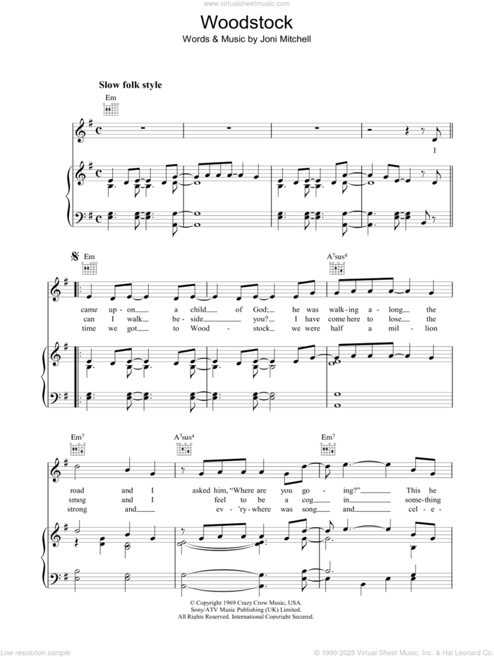 Woodstock sheet music for voice, piano or guitar by Joni Mitchell, intermediate skill level