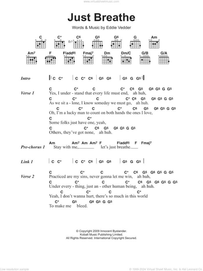 Just Breathe sheet music for guitar (chords) by Pearl Jam and Eddie Vedder, intermediate skill level