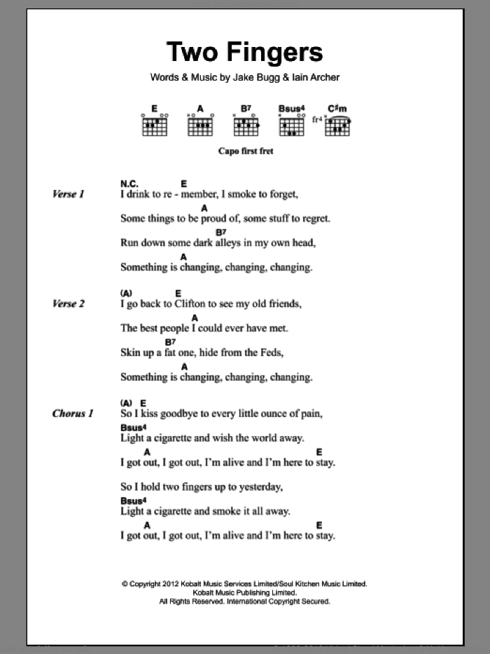 Two Fingers sheet music for guitar (chords) by Jake Bugg and Iain Archer, intermediate skill level