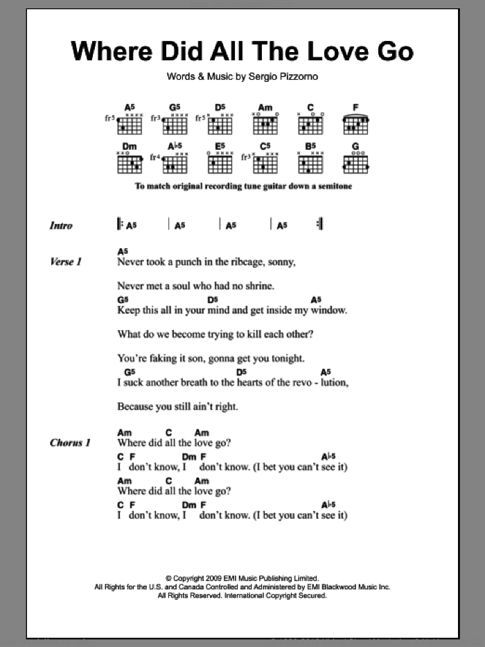 Where Did All The Love Go sheet music for guitar (chords) by Kasabian and Sergio Pizzorno, intermediate skill level