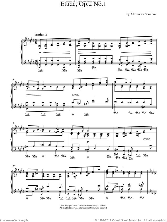 Etude, Op.2 No.1 sheet music for piano solo by Alexander Scriabin, classical score, intermediate skill level