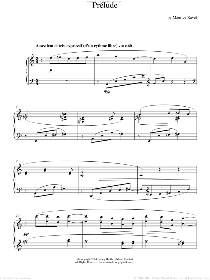 Prelude sheet music for piano solo by Maurice Ravel, classical score, intermediate skill level