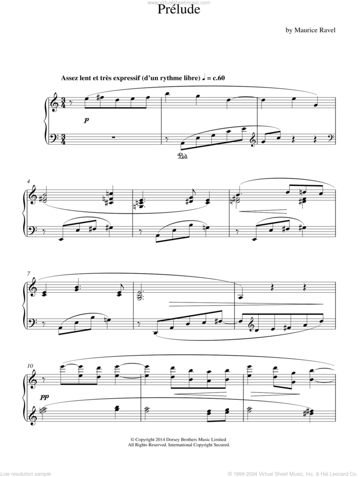 Prelude, (intermediate) sheet music for piano solo by Maurice Ravel, classical score, intermediate skill level