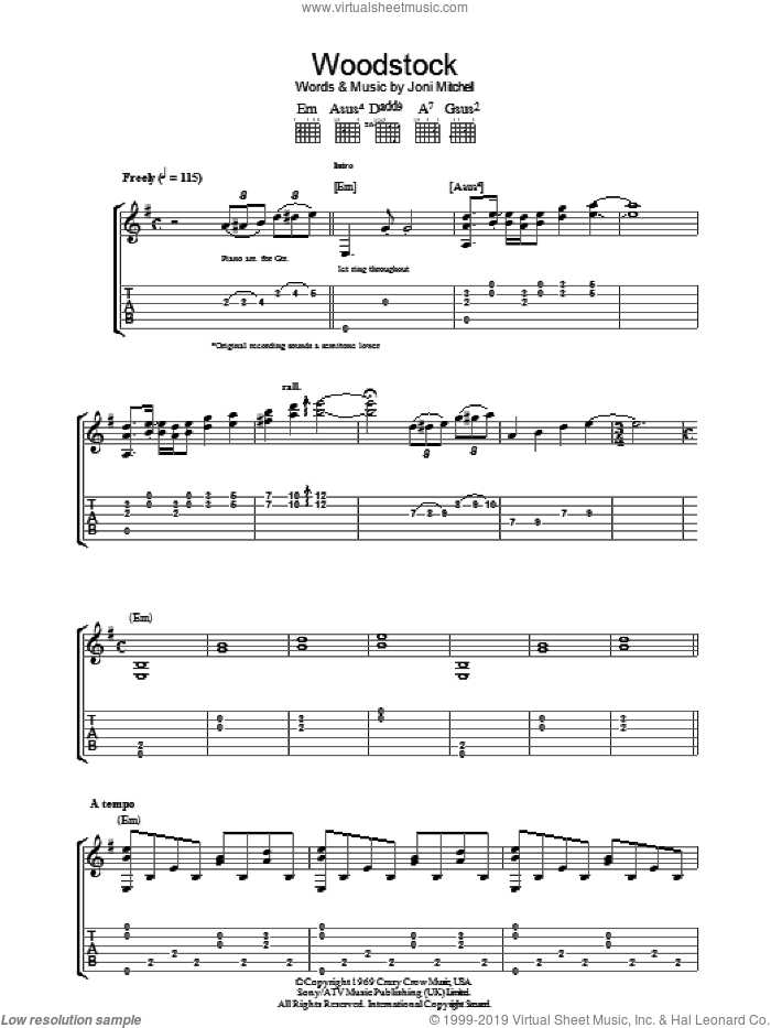 Woodstock sheet music for guitar (tablature) by Joni Mitchell, intermediate skill level