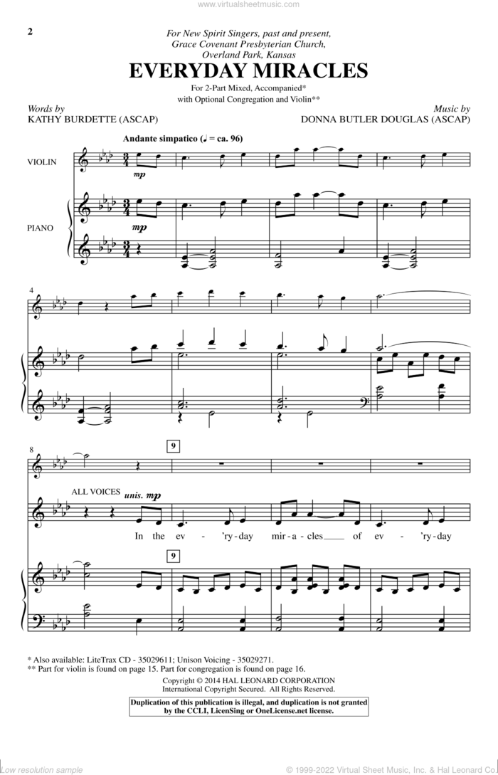 Everyday Miracles sheet music for choir (2-Part) by Donna Butler Douglas and Kathy Burdette, intermediate duet