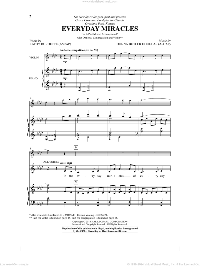 Everyday Miracles sheet music for choir (2-Part) by Donna Butler Douglas and Kathy Burdette, intermediate duet