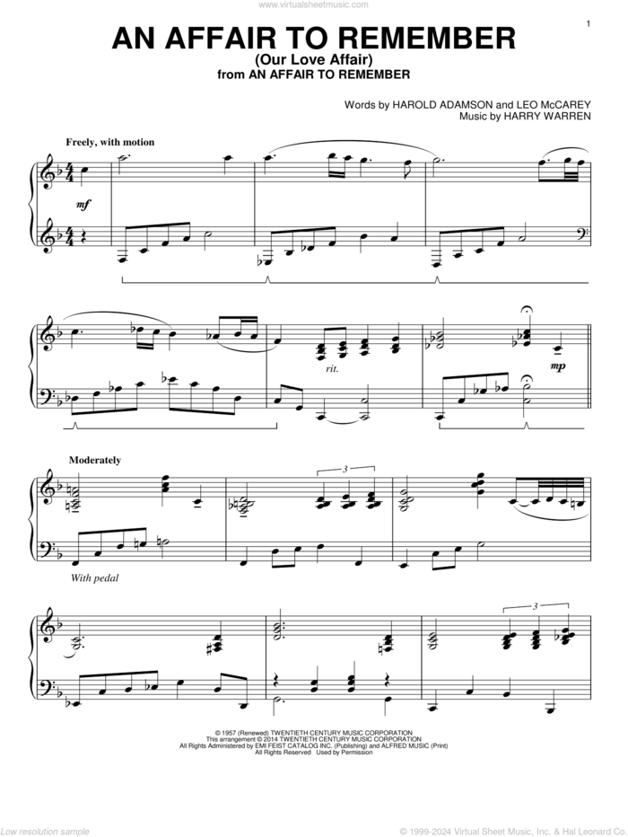 An Affair To Remember (Our Love Affair), (intermediate) sheet music for piano solo by Harry Warren, Harold Adamson and Leo McCarey, intermediate skill level