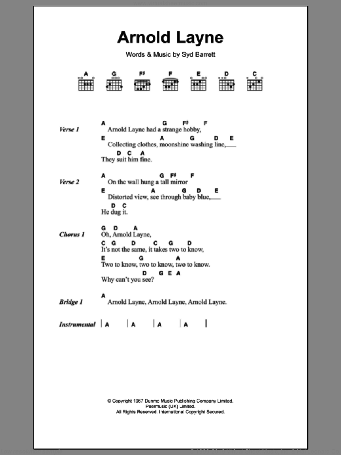 Arnold Layne sheet music for guitar (chords) by Pink Floyd and Syd Barrett, intermediate skill level