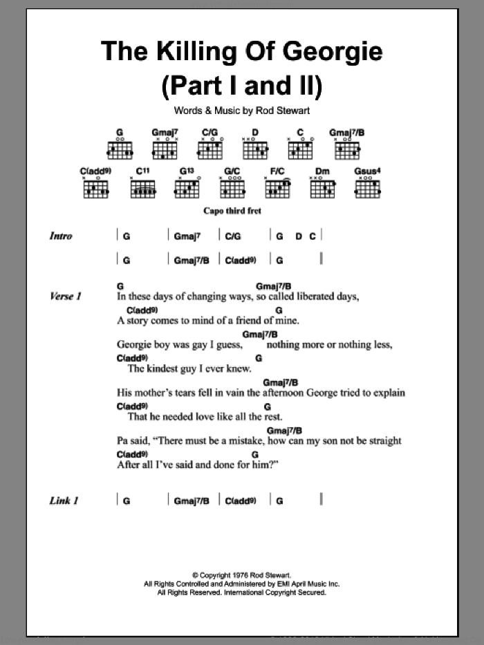 The Killing Of Georgie (Part I and II) sheet music for guitar (chords) by Rod Stewart, intermediate skill level
