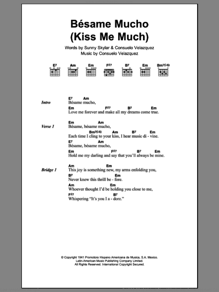 Besame Mucho (Kiss Me Much) sheet music for guitar (chords) by Consuelo Velazquez, Diana Krall and Sunny Skylar, intermediate skill level