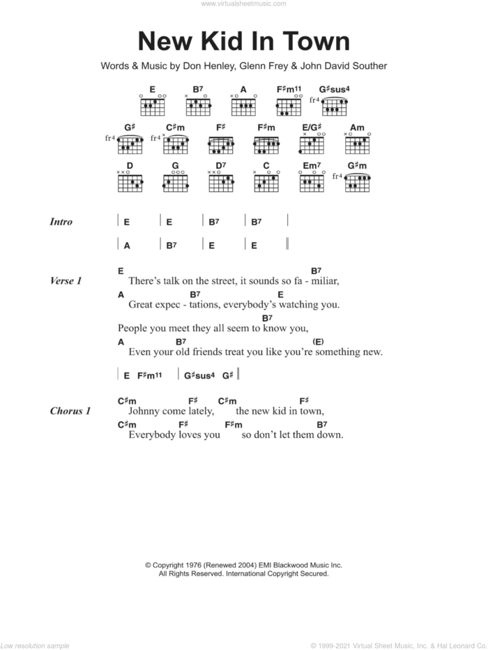 New Kid In Town sheet music for guitar (chords) by The Eagles, Don Henley, Glenn Frey and John David Souther, intermediate skill level