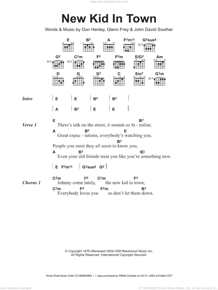 New Kid In Town sheet music for guitar (chords) by The Eagles, Don Henley, Glenn Frey and John David Souther, intermediate skill level