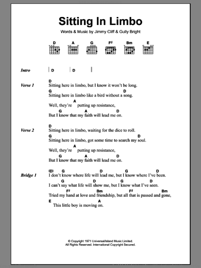 Sitting In Limbo sheet music for guitar (chords) by Jimmy Cliff and Gully Bright, intermediate skill level