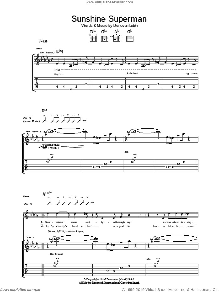 Sunshine Superman sheet music for guitar (tablature) by Walter Donovan and Donovan Leitch, intermediate skill level