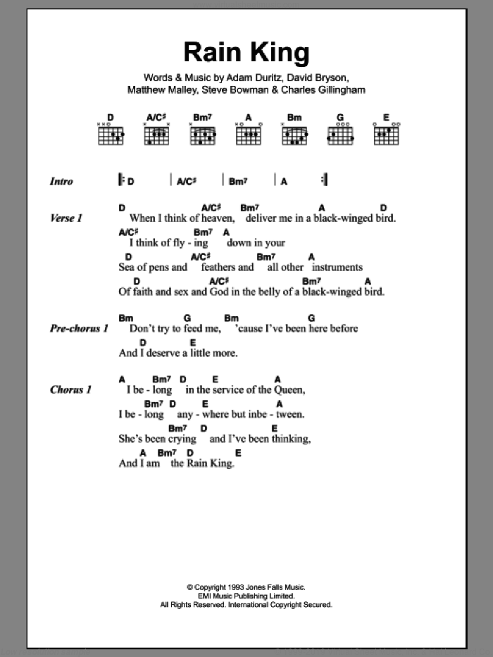 Rain King sheet music for guitar (chords) by Counting Crows, Adam Duritz, Charles Gillingham, David Bryson, Matthew Malley and Steve Bowman, intermediate skill level