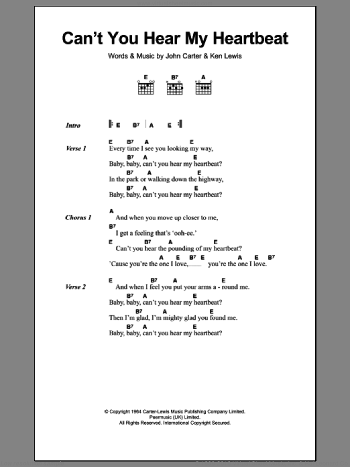 Can't You Hear My Heartbeat sheet music for guitar (chords) by Herman's Hermits, John Carter and Ken Lewis, intermediate skill level