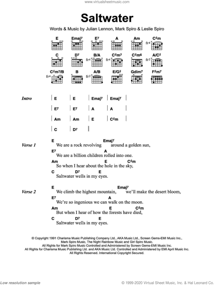 Saltwater sheet music for guitar (chords) by Julian Lennon, Leslie Ann Spiro and Mark Spiro, intermediate skill level
