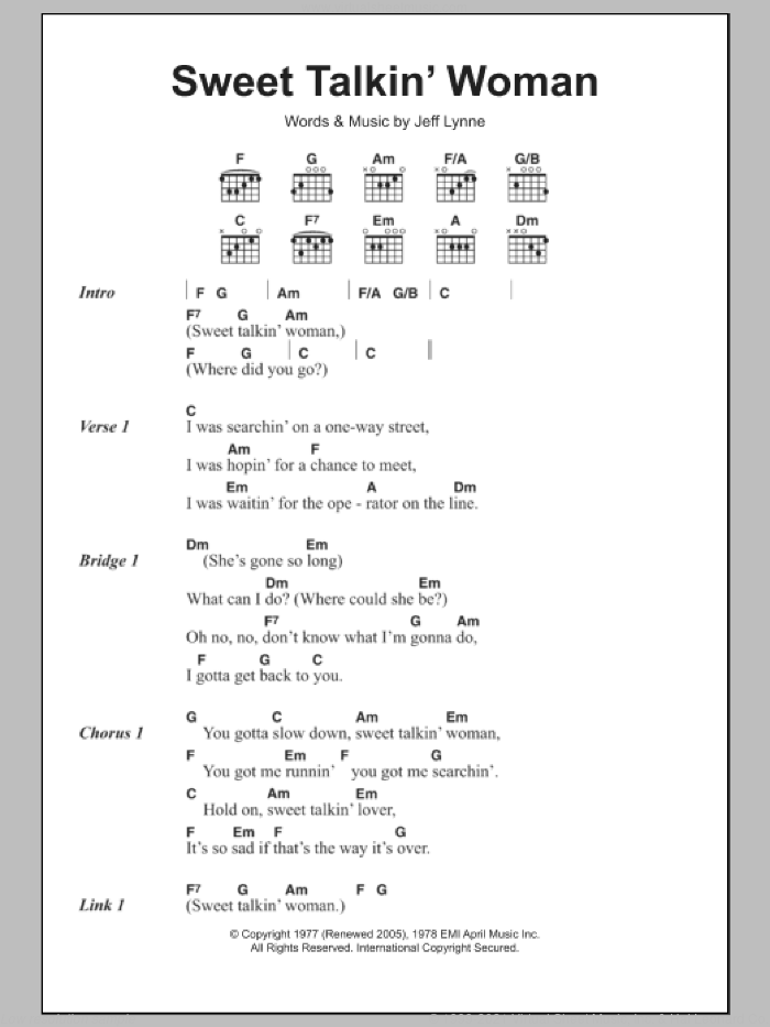 Sweet Talkin' Woman sheet music for guitar (chords) by Electric Light Orchestra and Jeff Lynne, intermediate skill level