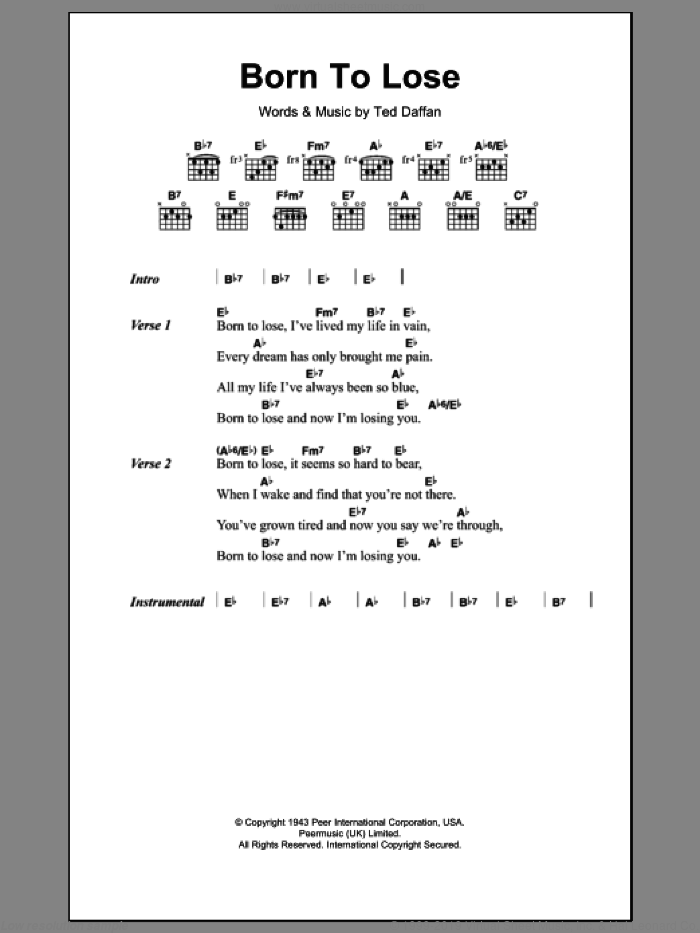Born To Lose sheet music for guitar (chords) by Ted Daffan, intermediate skill level