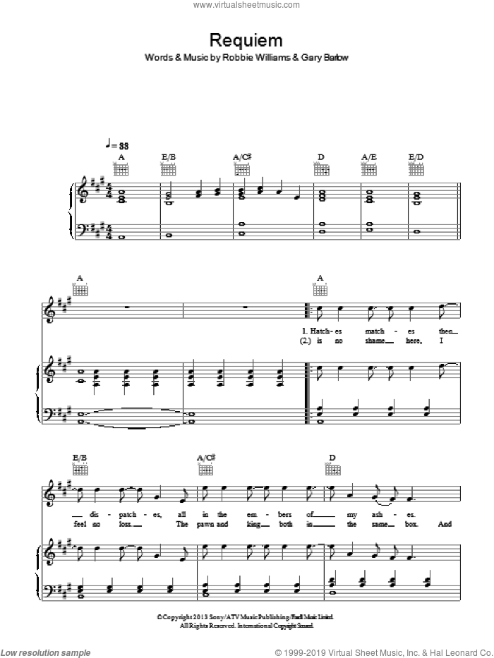 Requiem sheet music for voice, piano or guitar by Gary Barlow and Robbie Williams, intermediate skill level