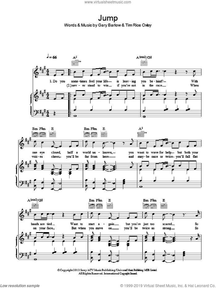 Jump sheet music for voice, piano or guitar by Gary Barlow and Tim Rice Oxley, intermediate skill level