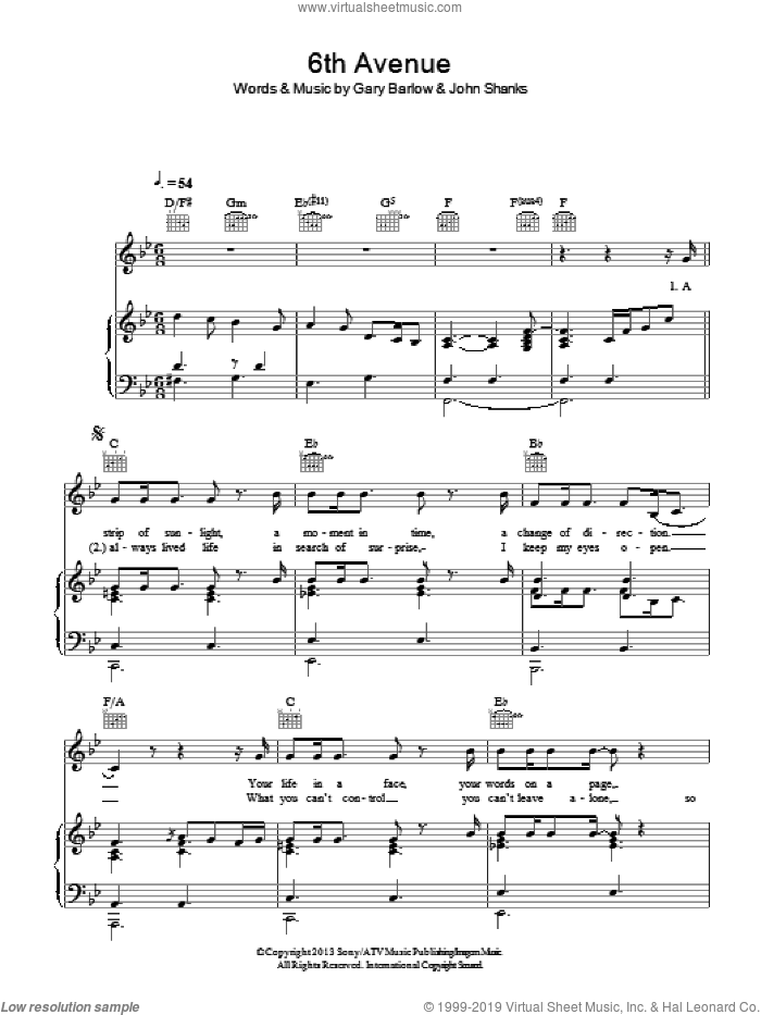 6th Avenue sheet music for voice, piano or guitar by Gary Barlow and John Shanks, intermediate skill level