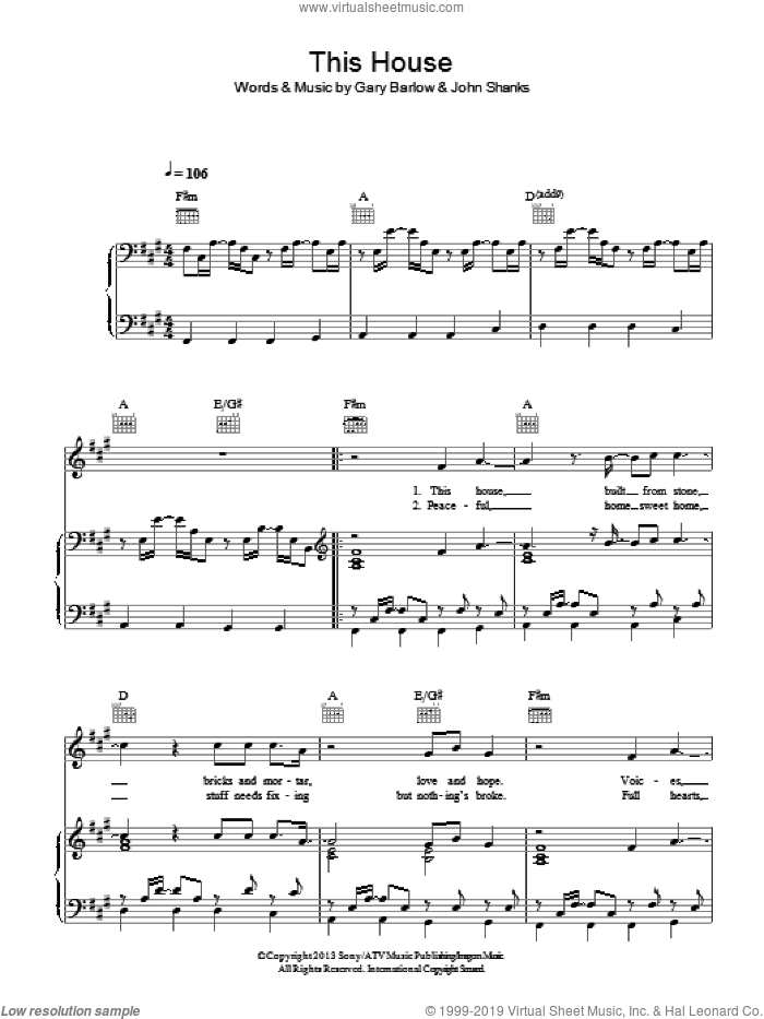 This House sheet music for voice, piano or guitar by Gary Barlow and John Shanks, intermediate skill level