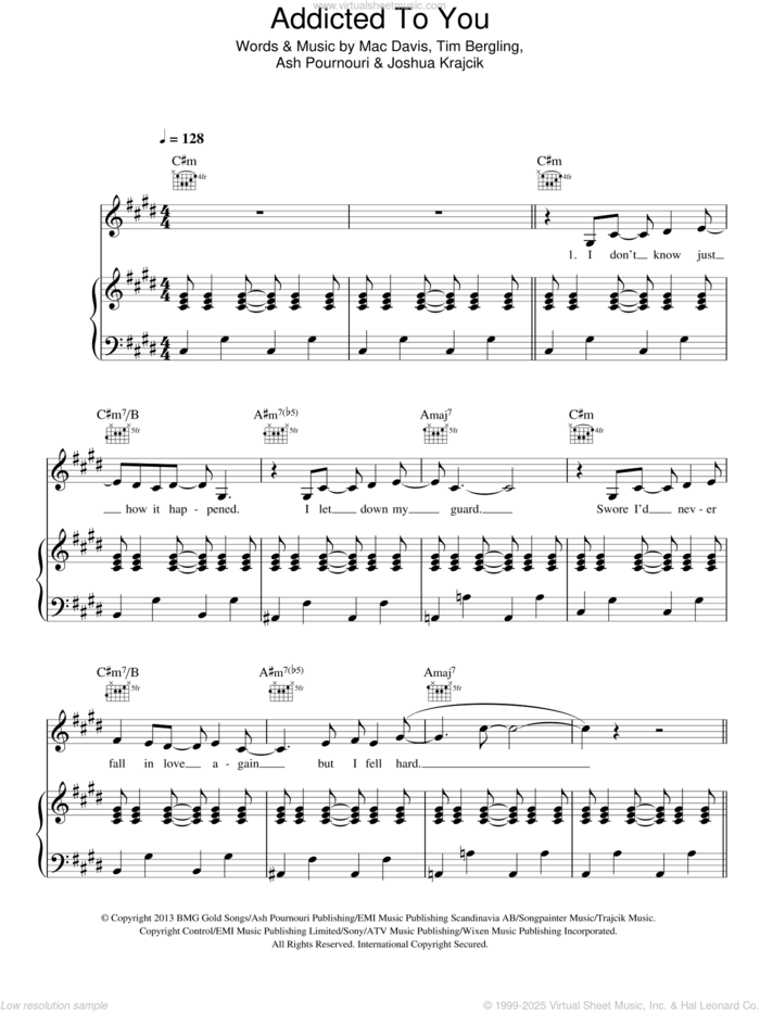 Addicted To You sheet music for voice, piano or guitar by Avicii, Ash Pournouri, Joshua Krajcik, Mac Davis and Tim Bergling, intermediate skill level