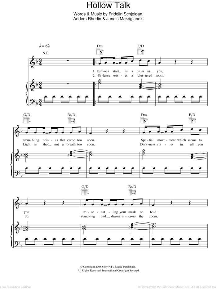 Hollow Talk sheet music for voice, piano or guitar by Choir Of Young Believers, Anders Rhedin, Fridolin Schjoldan and Jannis Makrigiannis, intermediate skill level