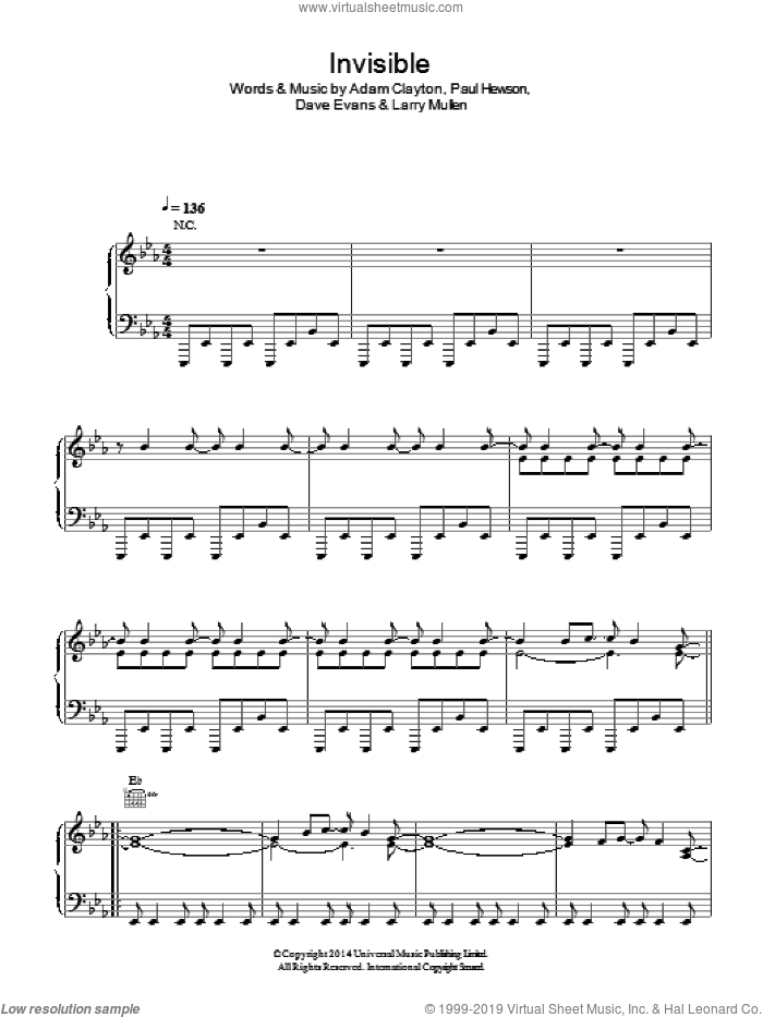 Invisible sheet music for voice, piano or guitar by U2, Adam Clayton, Dave Evans, Larry Mullen and Paul Hewson, intermediate skill level