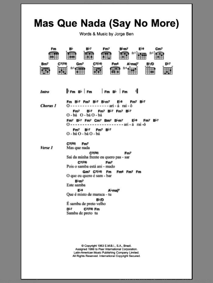 Mas Que Nada (Say No More) sheet music for guitar (chords) by Jorge Ben and Sergio Mendes, intermediate skill level