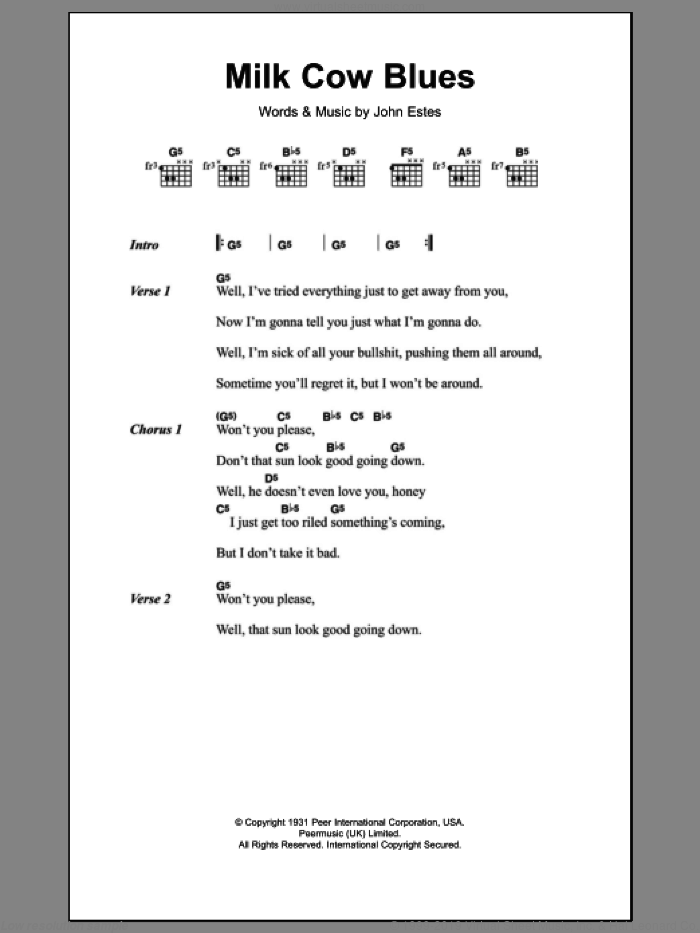 Milk Cow Blues sheet music for guitar (chords) by Eddie Cochran and John Estes, intermediate skill level