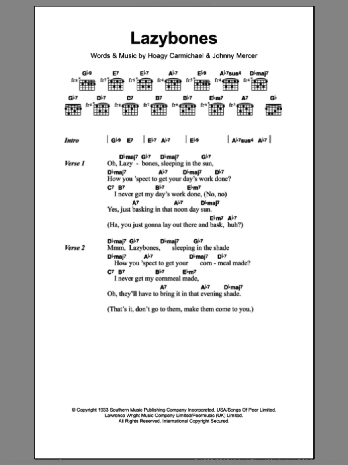 Lazybones sheet music for guitar (chords) by Hoagy Carmichael and Johnny Mercer, intermediate skill level