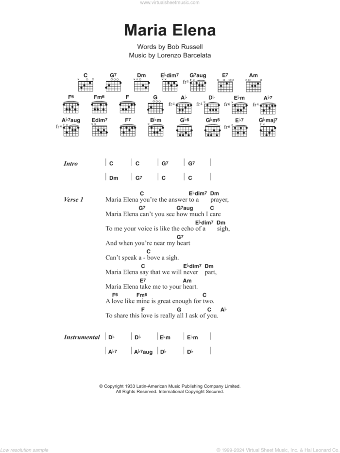 Maria Elena sheet music for guitar (chords) by Jimmy Dorsey, Bob Russell and Lorenzo Barcelata, intermediate skill level