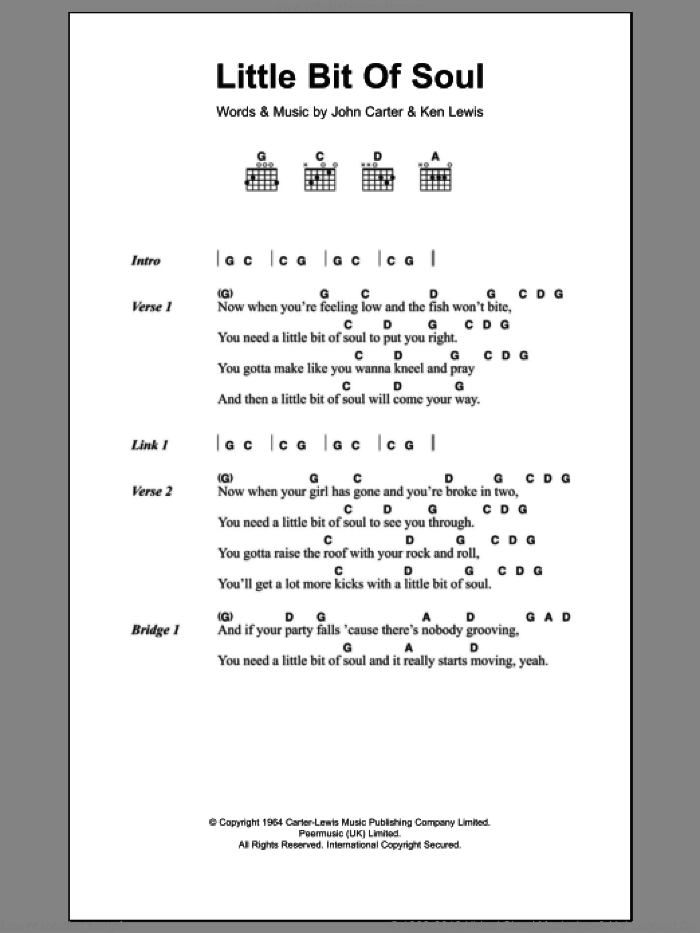 Little Bit Of Soul sheet music for guitar (chords) by The Music Explosion, John Carter and Ken Lewis, intermediate skill level