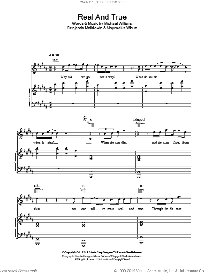 Real And True sheet music for voice, piano or guitar by Future and Miley Cyrus feat. Mr Hudson, Benjamin McIldowie, Michael Williams and Nayvadius Wilburn, intermediate skill level