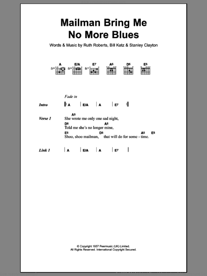 Mailman Bring Me No More Blues sheet music for guitar (chords) by Buddy Holly, Ruth Roberts, Stanley Clayton and William Katz, intermediate skill level