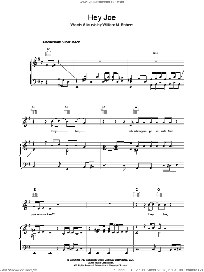 Hey Joe sheet music for voice, piano or guitar by Jimi Hendrix and Billy Roberts, intermediate skill level