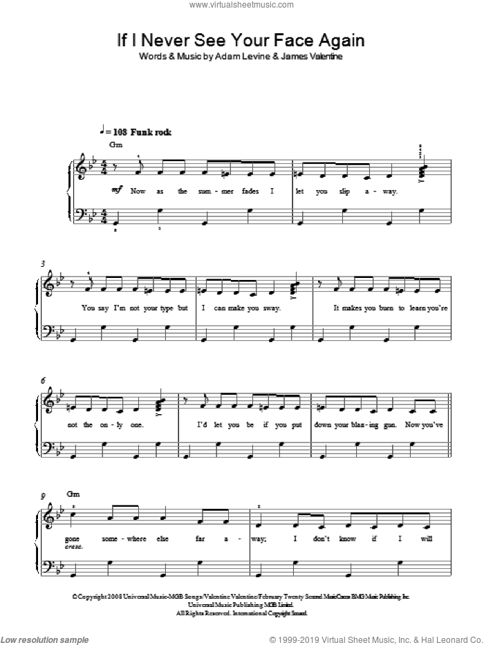 If I Never See Your Face Again sheet music for piano solo by Maroon 5 feat. Rihanna, Adam Levine and James Valentine, easy skill level