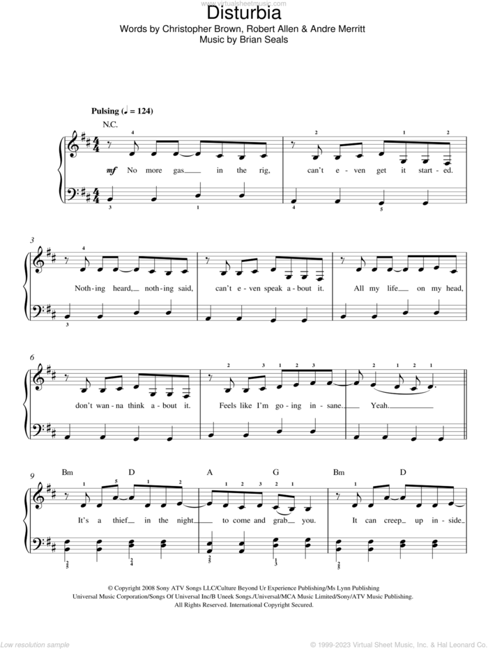 Disturbia sheet music for piano solo by Rihanna, Andre Merritt, Brian Seals, Chris Brown and Robert Allen, easy skill level