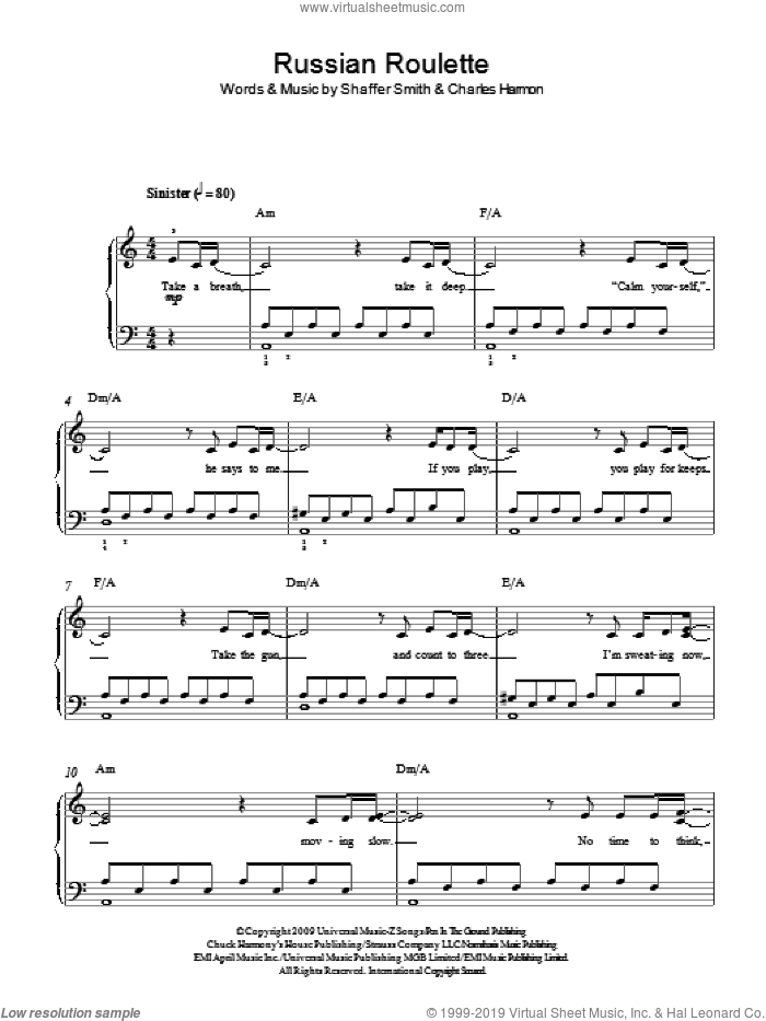 Rihanna Russian Roulette Sheet Music in F# Minor (transposable) -  Download & Print - SKU: MN0080535