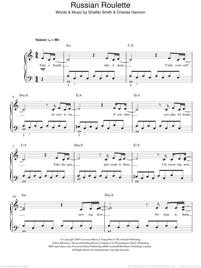 Russian Roulette, (easy) sheet music for piano solo by Rihanna, Charles Harmon and Shaffer Smith, easy skill level