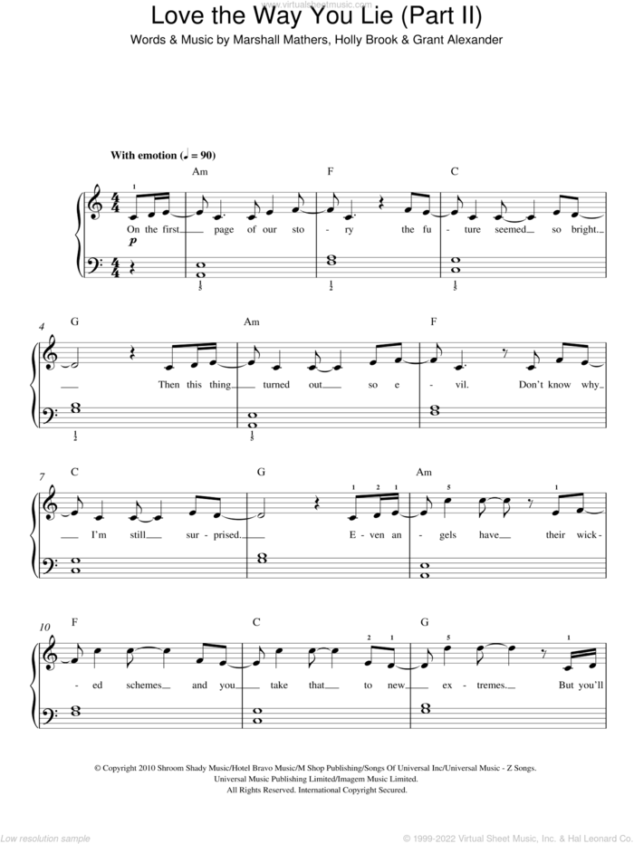 Love The Way You Lie, Part II sheet music for piano solo by Rihanna, Rihanna feat. Eminem, Grant Alexander, Holly Brook and Marshall Mathers, easy skill level