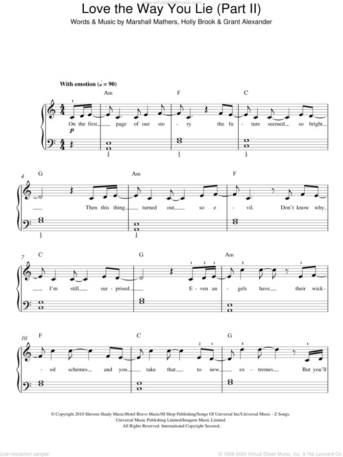 Love The Way You Lie, Part II sheet music for piano solo by Rihanna, Rihanna feat. Eminem, Grant Alexander, Holly Brook and Marshall Mathers, easy skill level