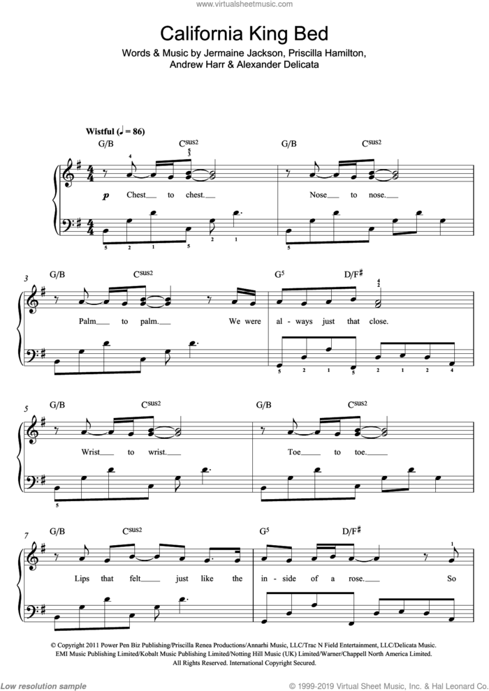 California King Bed sheet music for piano solo (beginners) by Rihanna, Alexander Delicata, Andrew Harr, Jermaine Jackson and Priscilla Hamilton, beginner piano (beginners)