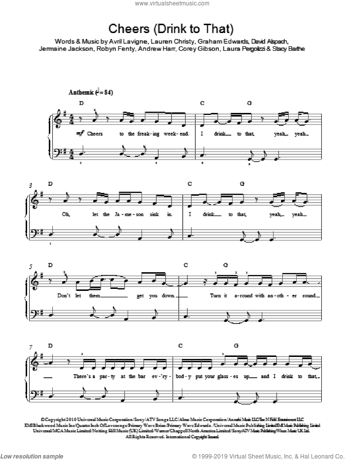 Cheers (Drink To That), (easy) sheet music for piano solo by Rihanna, Andrew Harr, Avril Lavigne, Corey Gibson, David Alspach, Graham Edwards, Jermaine Jackson, Laura Pergolizzi, Lauren Christy, Robyn Fenty and Stacy Barthe, easy skill level