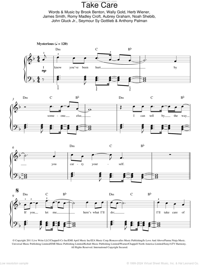 Take Care sheet music for piano solo by Drake feat. Rihanna, Anthony Palman, Aubrey Graham, Brook Benton, Herb Wiener, James Smith, John Gluck Jr., Noah Shebib, Romy Madley Croft, Seymour Sy Gottlieb and Wally Gold, easy skill level