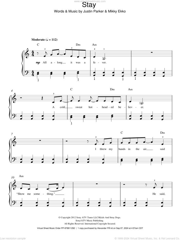 Stay sheet music for piano solo by Rihanna, Justin Parker and Mikky Ekko, easy skill level