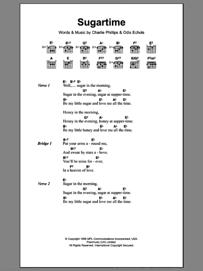Sugartime sheet music for guitar (chords) by The McGuire Sisters, Charlie Phillips and Odis Echols, intermediate skill level